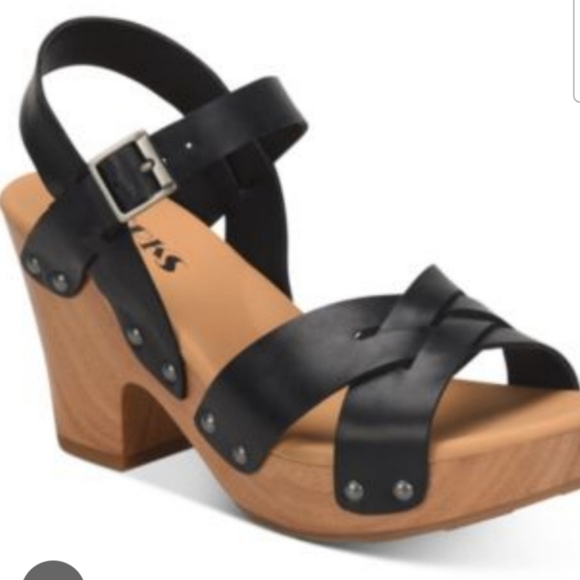 KORKS Bagley Black Leather Platform Sandals - Wood Grain Heel - Size 8M - Picture 1 of 7